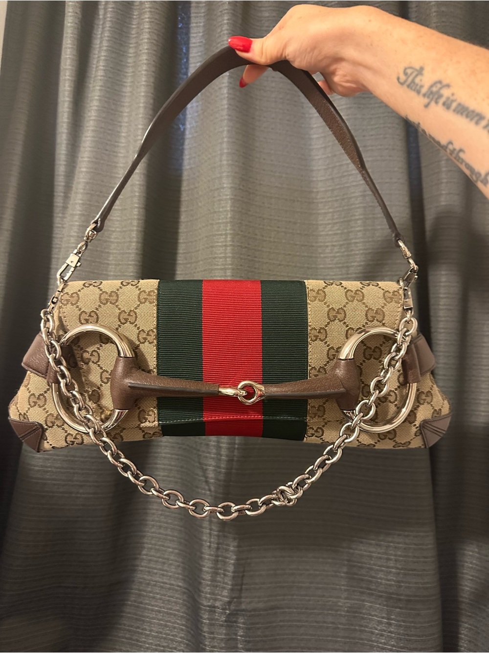Gucci Beige Monogram Shoulder Bag with Red & Green Web Stripe